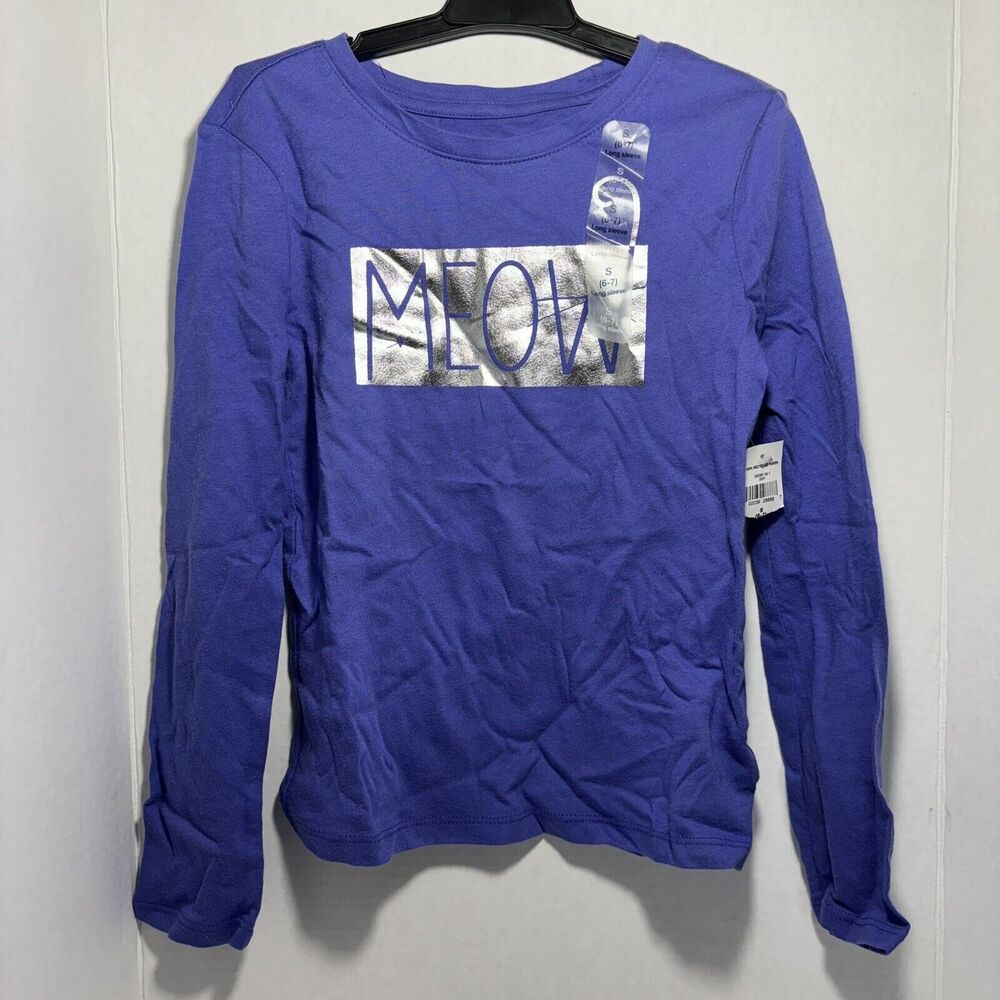 NEW Gap Kids Girls Cat T-Shirt Size Small 6-7 Purple Silver Meow Whiskers Cute